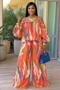 Tie Dye Braided Off Shoulder Top Wide Leg Pants 2pcs Set-Orange