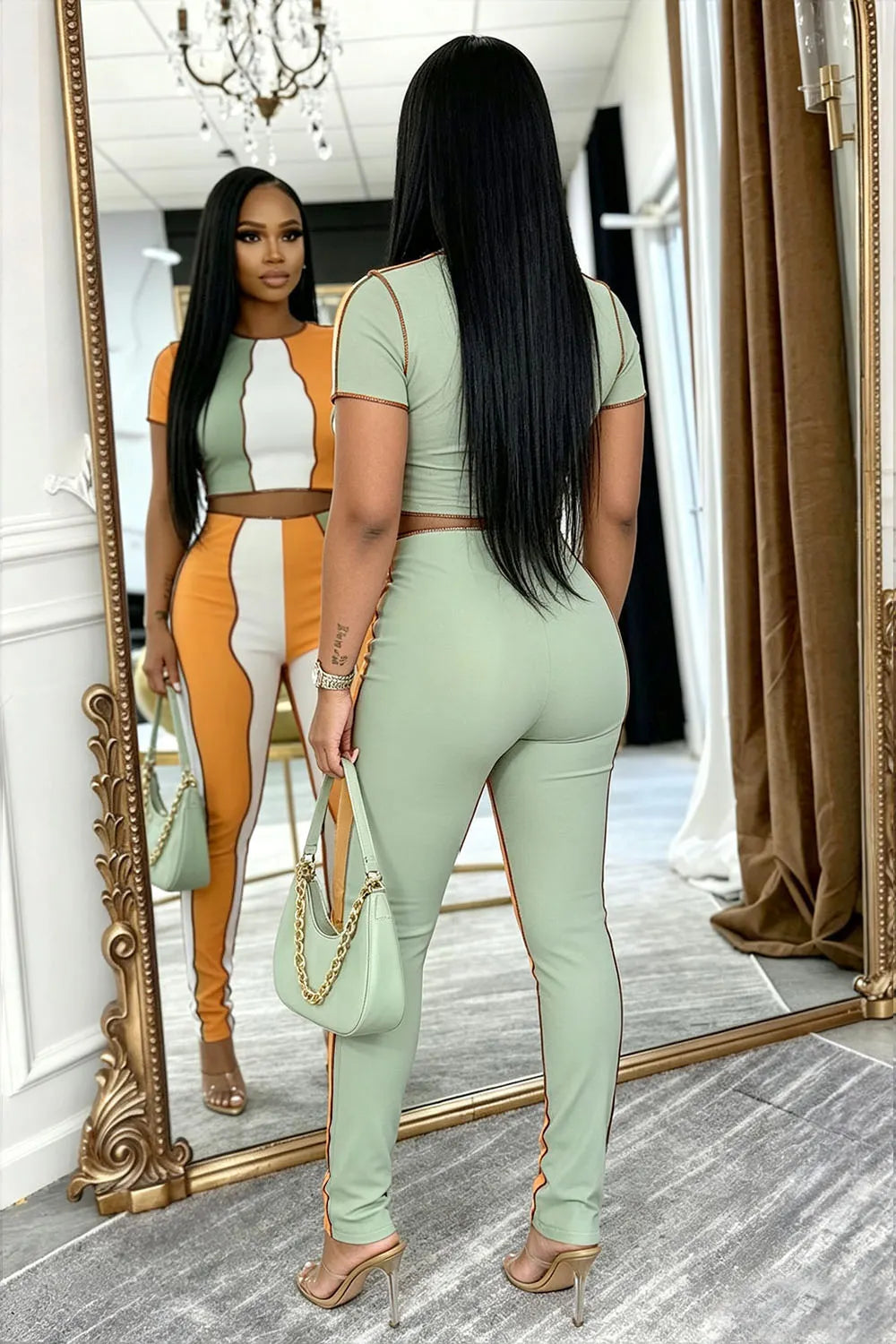 Colorblock Crew Neck Short Sleeve Top Skinny Pants 2pcs Set-Green