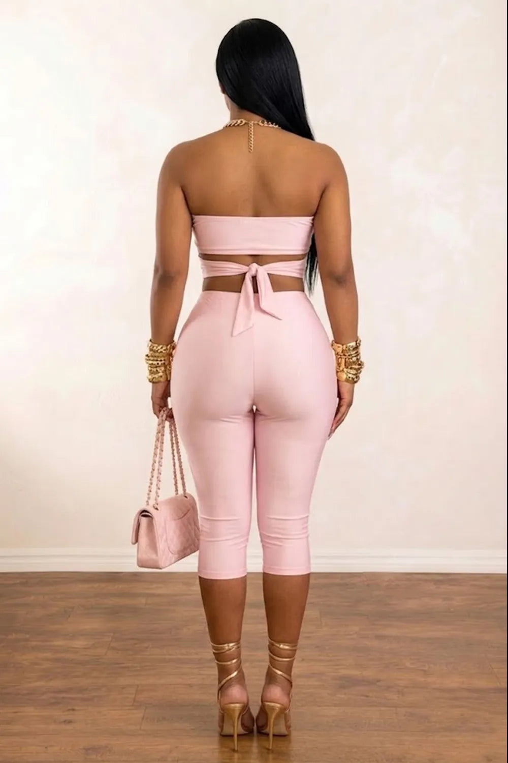 Halter Metal O-Ring Crop Top Cinch Waist Capri Pants Casual 2pcs Set-Pink