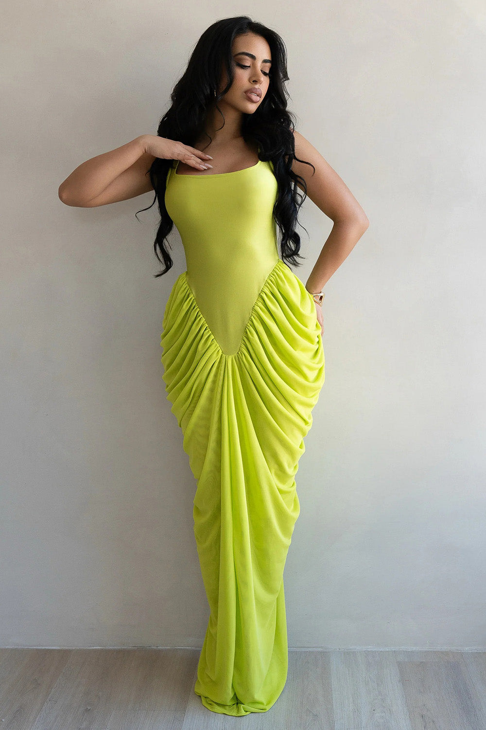 Square Neck Wide Strap Cinched Waist Ruched Bodycon Gowns Maxi Dresses-Yellow