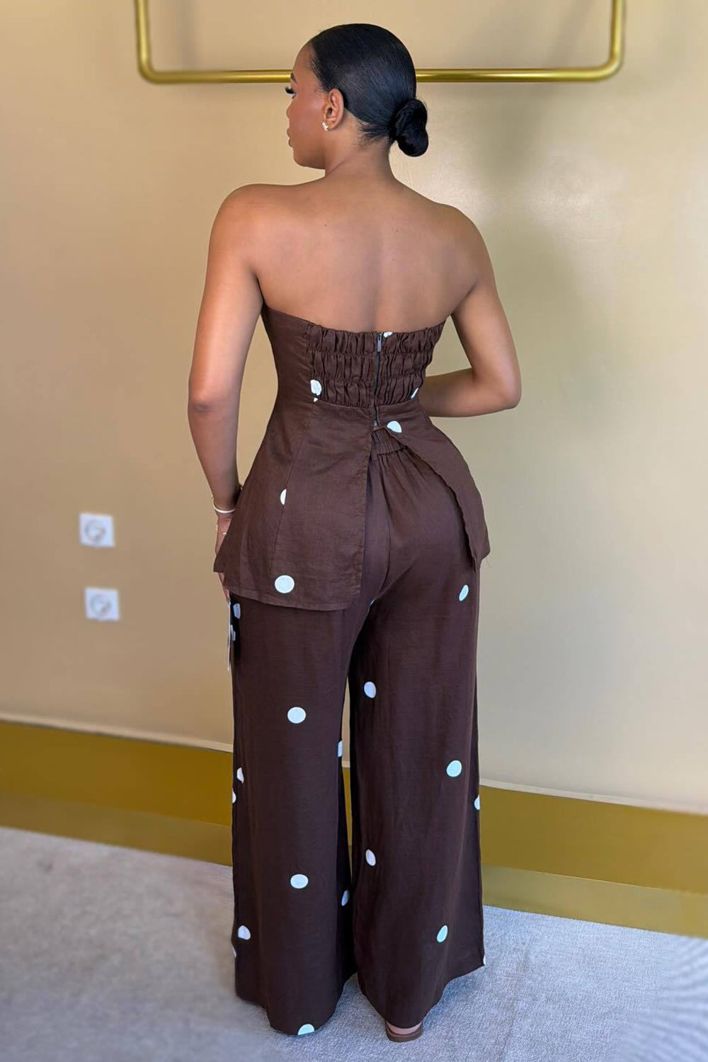 Polka Dot Strapless Back Zipper Slit Top Wide Leg Pants Casual 2pcs Set-White