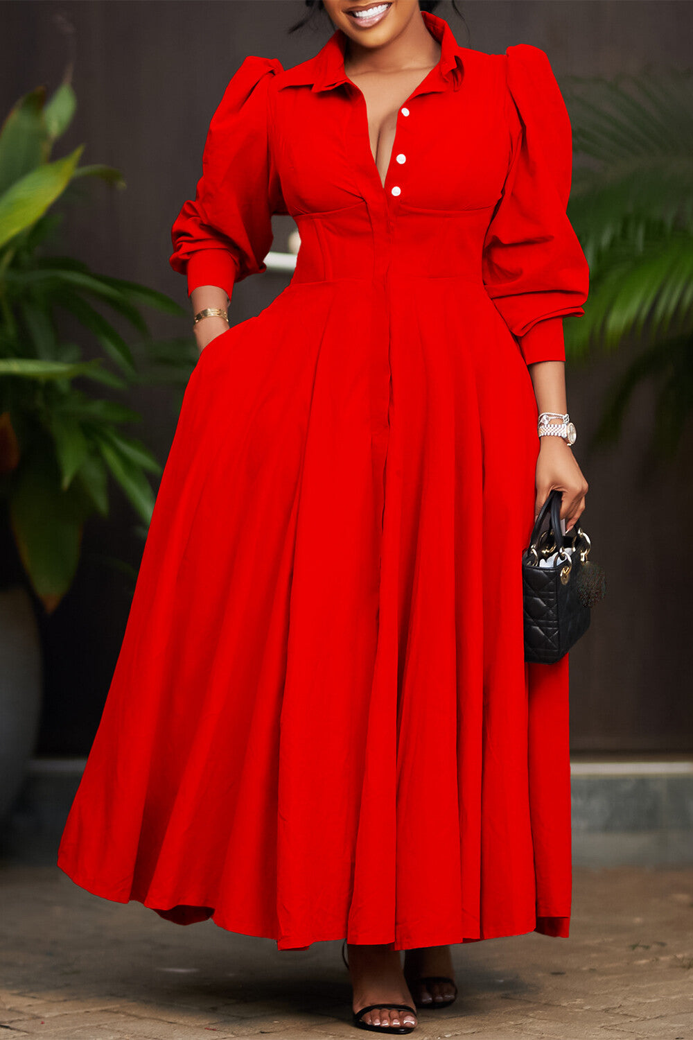 Turndown Collar Long Sleeve Cinch Waist Solid Color Maxi Shirt Dresses-Pink