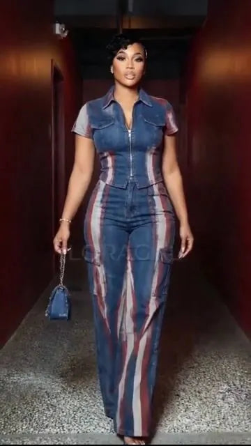 Stripe Print Zipper Top Cargo Pants Denim 2pcs Set