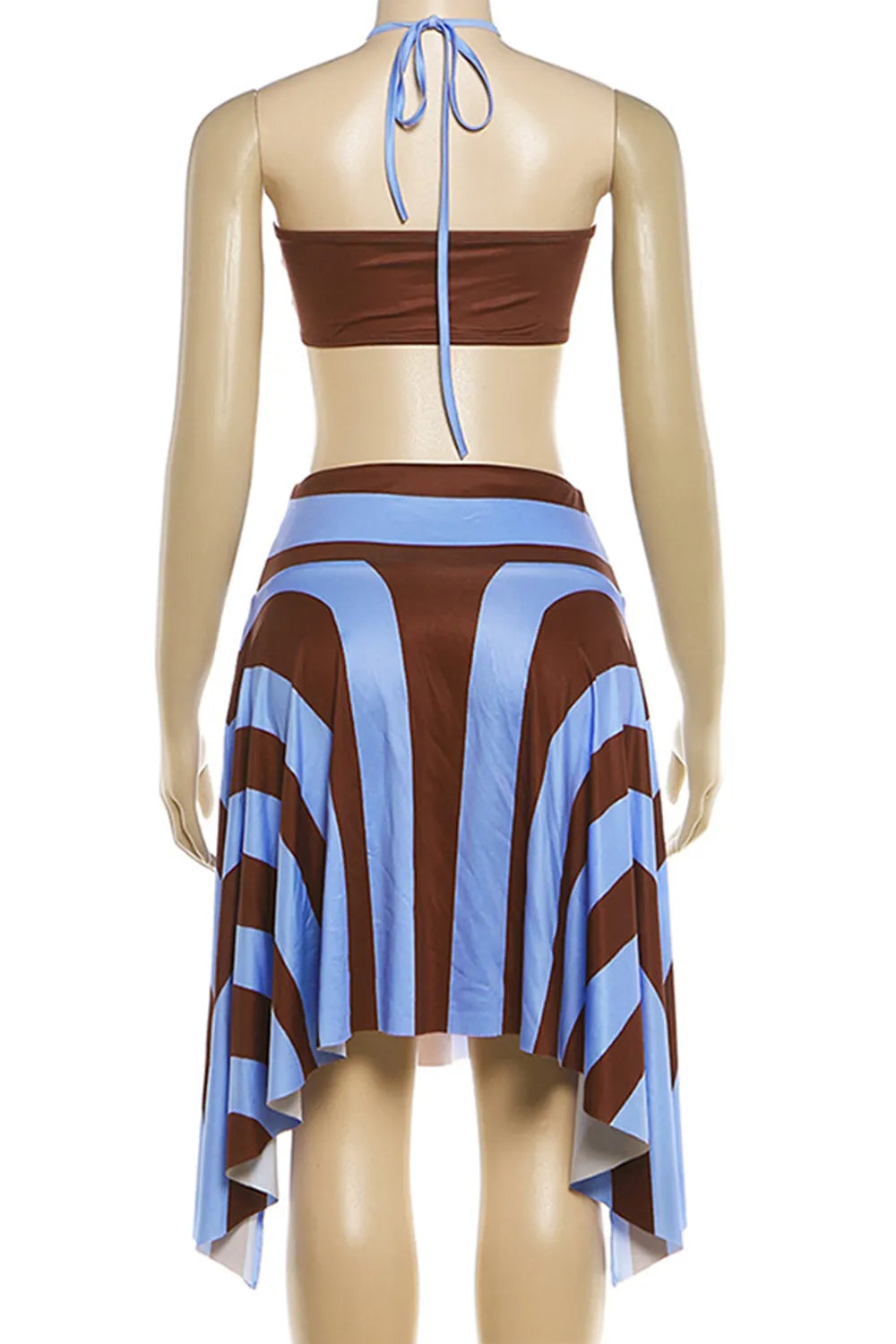 Halter Top Colorblock Stripe Irregular Hem Midi Skirt Vacation 2pcs Set-Brown