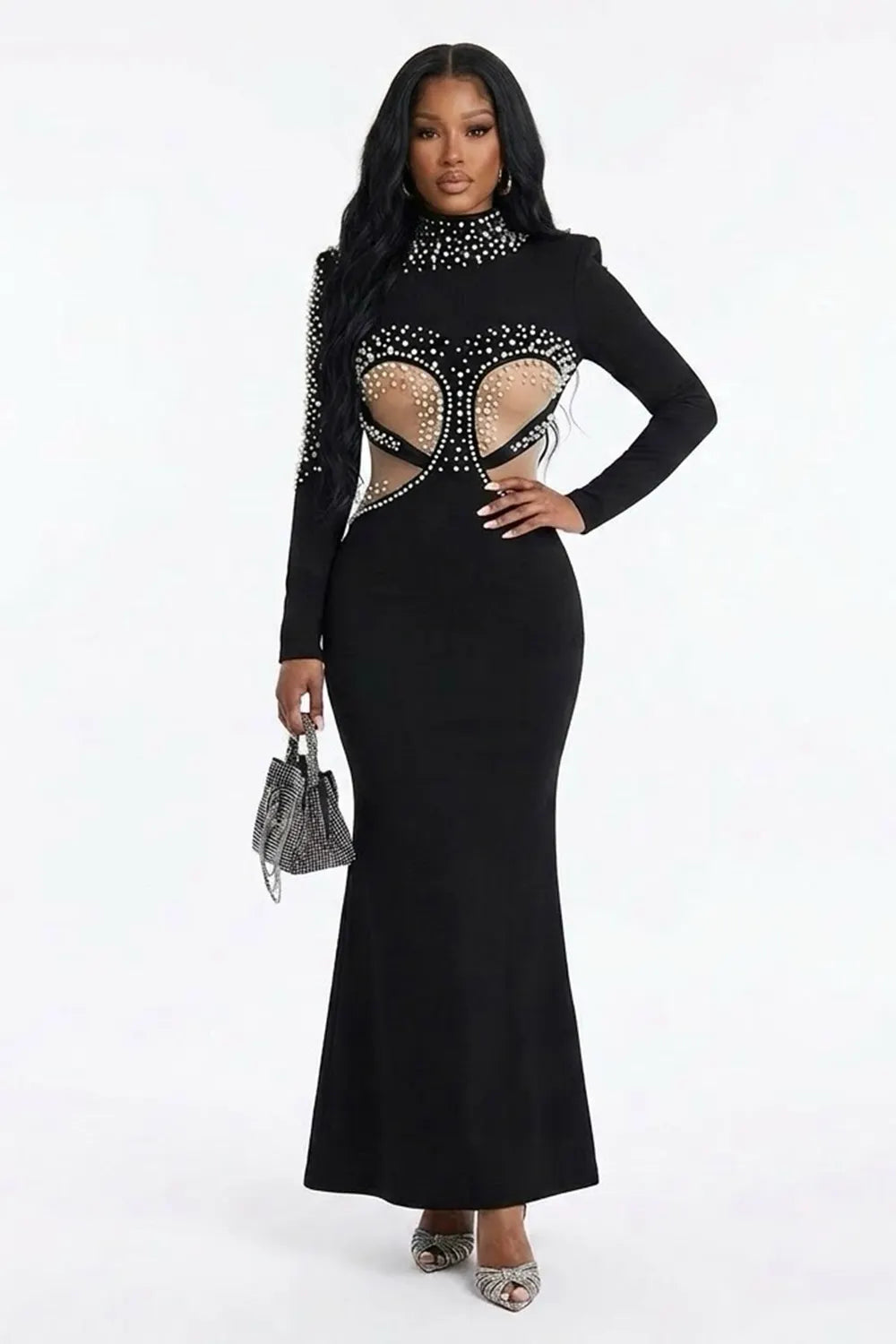 Mock Neck Beaded Long Sleeve Mermaid Bodycon Party Maxi Dresses-Black