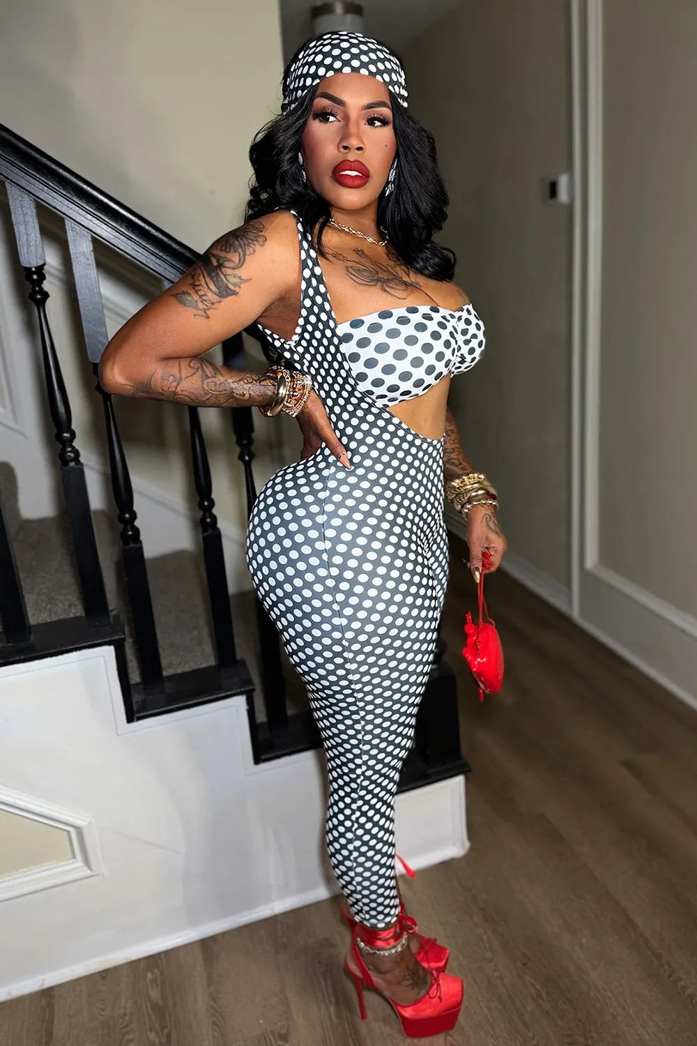 Polka Dot Print Tube Top Headscarf Tight Fit Jumpsuit 3pcs Set-Black