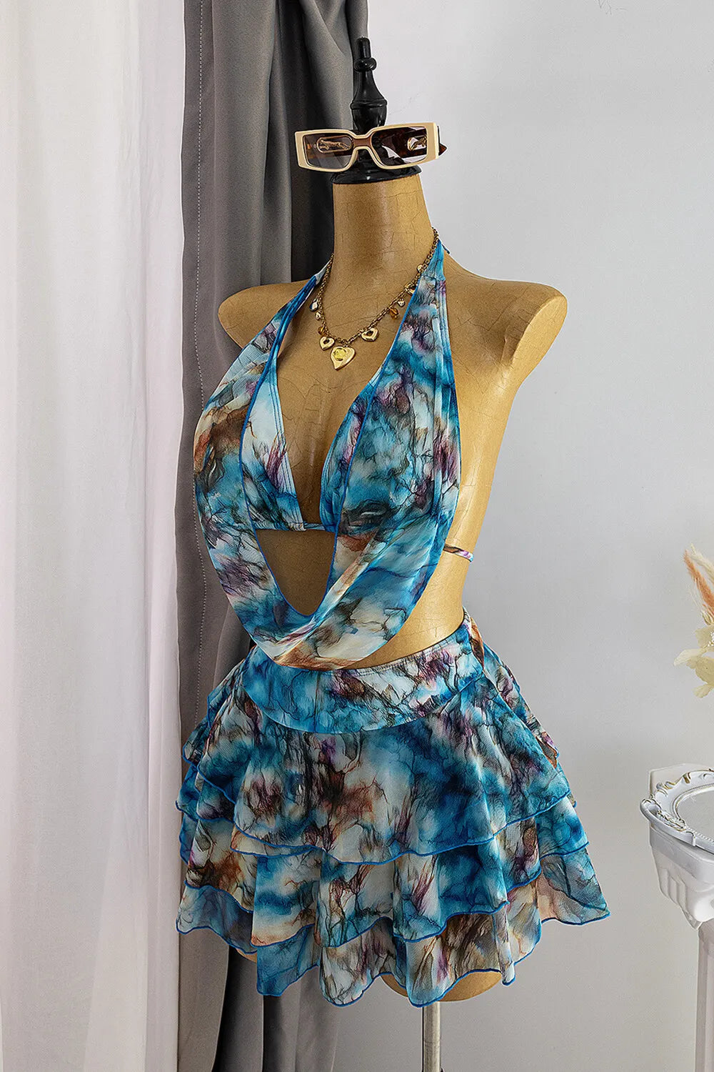 Tie Dye Halter Top Tiered Ruffle Mini Skirt Bikini Swimsuit 3pcs Set-Blue