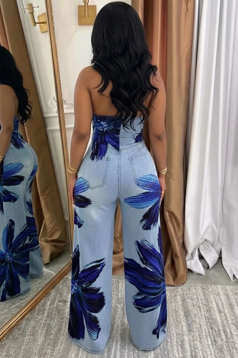 Denim Halter Deep V Neck Floral Wide Leg Casual Jumpsuit-Blue