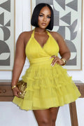 Halter Neck Mesh A-Line Ruffle Trim Hem Gowns Mini Dresses-Yellow