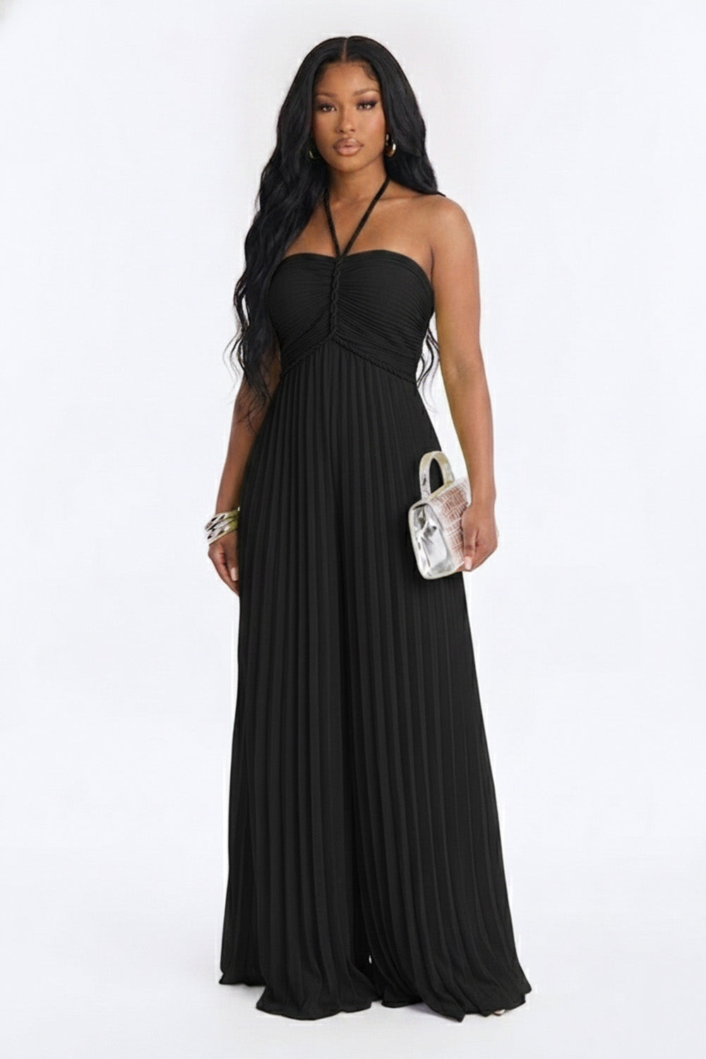 Plain Braided Rope Halter Neck Wide Leg Pleated Vacation Jumpsuit-Yellow