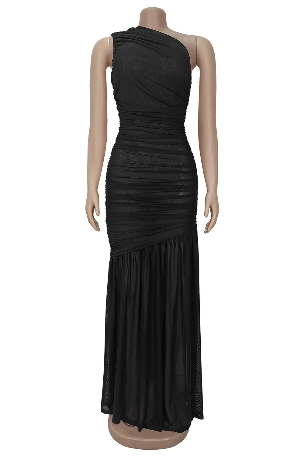 One Shoulder Sleeveless Ruched Solid Color Mesh Gowns Maxi Dresses-White