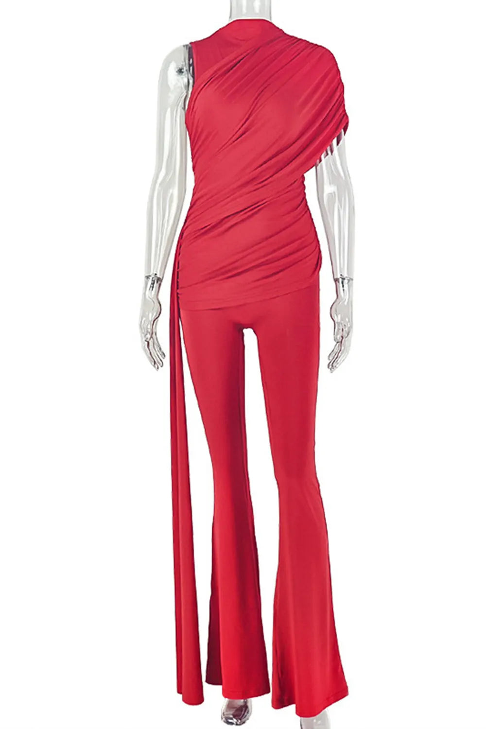 Solid Color One Shoulder Long Streamer Ruched Slim Fit Party Jumpsuit-Red