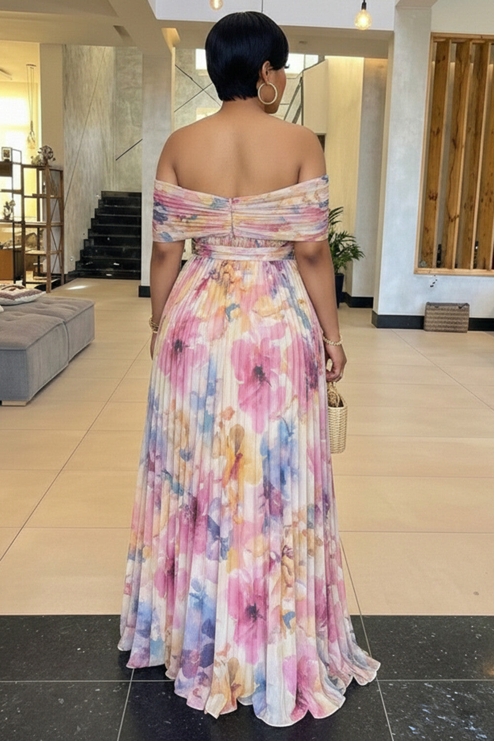 Off Shoulder Cinch Waist Flower Print Pleated Maxi Dresses-Pink