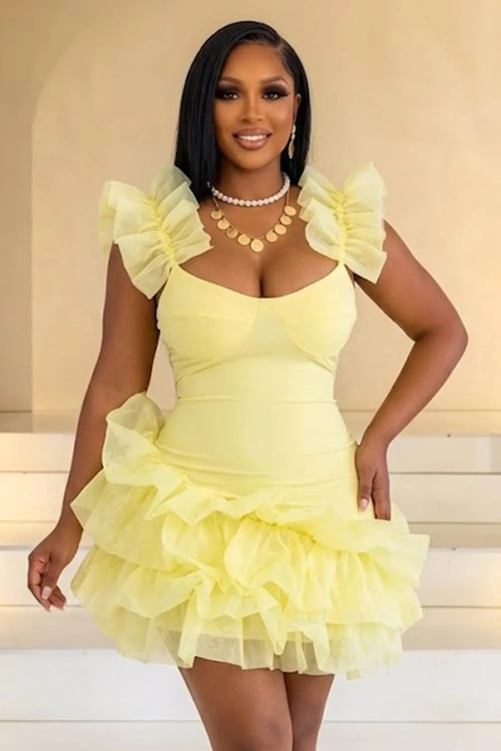 Frilled Straps Sleeveless Cinch Waist Bubble Ruffle Hem Mini Dresses-Yellow