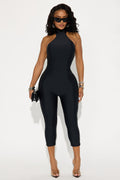Halter Backless Cinch Waist Bodycon Solid Color Capris Casual Jumpsuit-Black