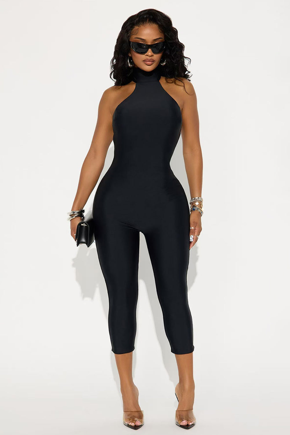 Halter Backless Cinch Waist Bodycon Solid Color Capris Casual Jumpsuit-Black