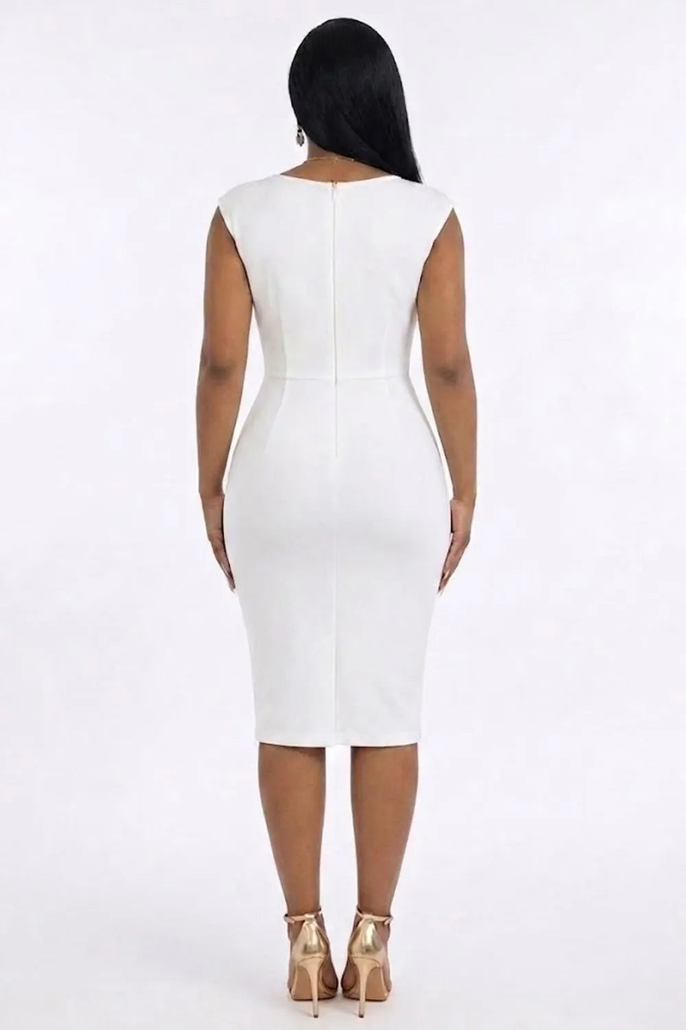 V Neck Ruffle Cinch Waist Embroidery Floral Bodycon Midi Dresses-White