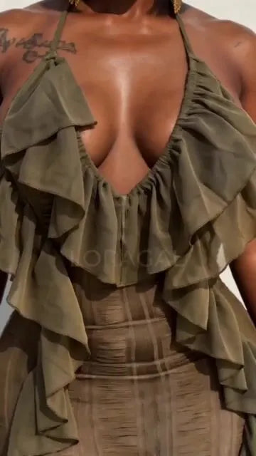Halter Backless Ruffle Trim Slit Slim Fit Maxi Dresses-Green