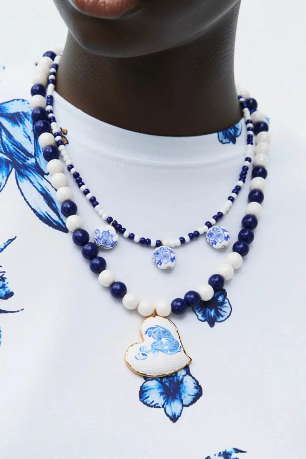 Blue And White Ceramic Bead Heart Pendant Double-Layered Necklace