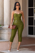 Solid Color Strapless Back Zipper Wide Belt Cinch Waist Capri Jumpsuit-Green