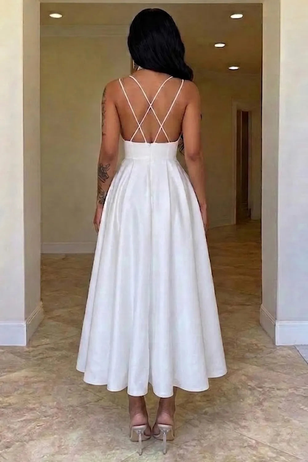 Spaghetti Strap Sweetheart Neck Cinch Waist A-Line Party Midi Dresses-White