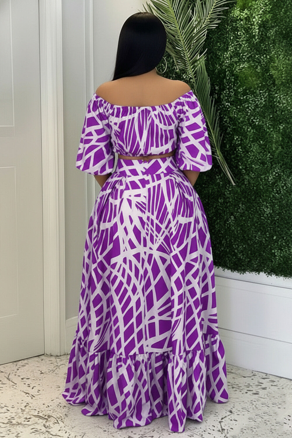 All Over Print Boat Neck Crop Top Bouffant Maxi Skirt Casual 2pcs Set-Purple