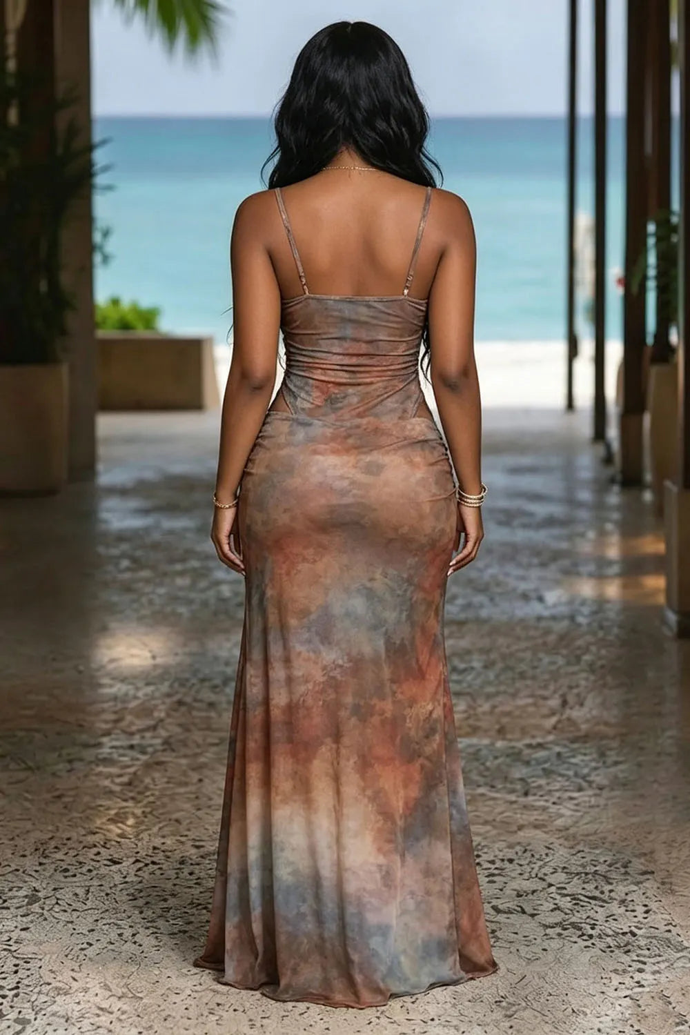 Tie Dye Print Cami One-Piece Swimsuit High Slit Maxi Skirt 2pcs Set-Brown