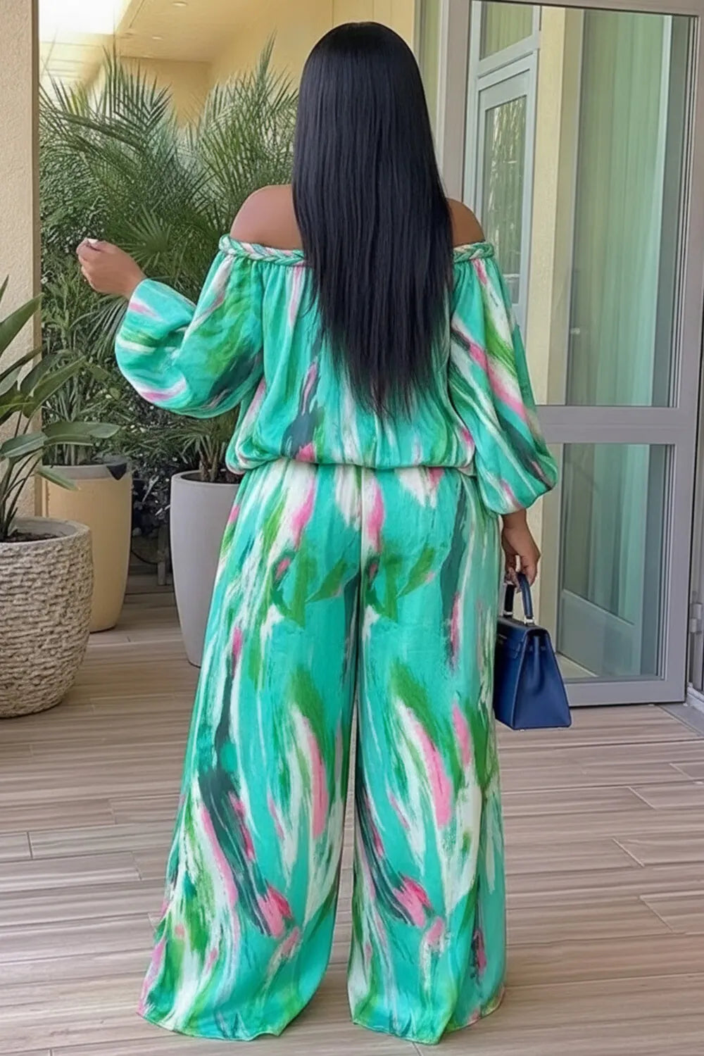 Tie Dye Braided Off Shoulder Top Wide Leg Pants 2pcs Set-Orange