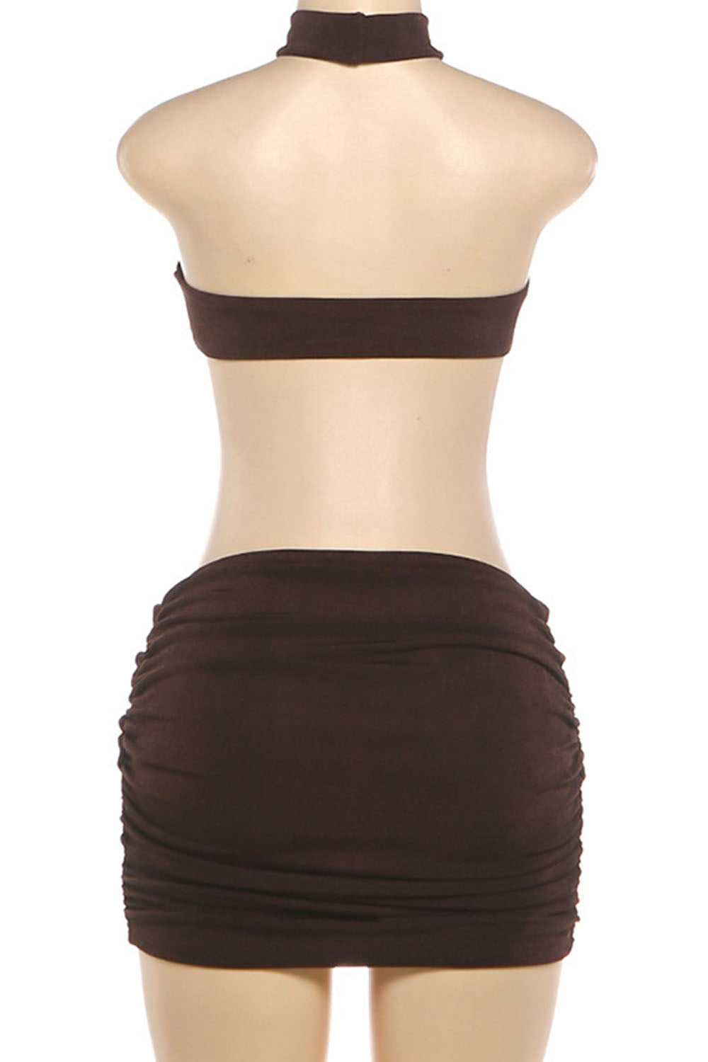Solid Color Halter Neck Cut Out Ruched Beaded Vacation Mini Dresses-Brown