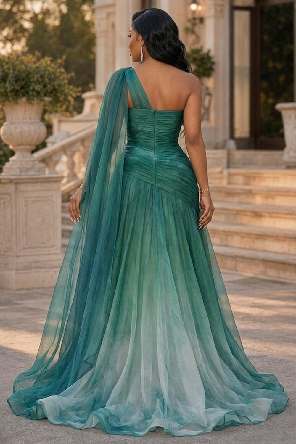 Ombre Oblique Collar Long Streamer Ruched Maxi Dresses-Green