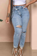 Denim High Waist Ripped Slim Fit Tapered Casual Cuffed Jeans-LightBlue