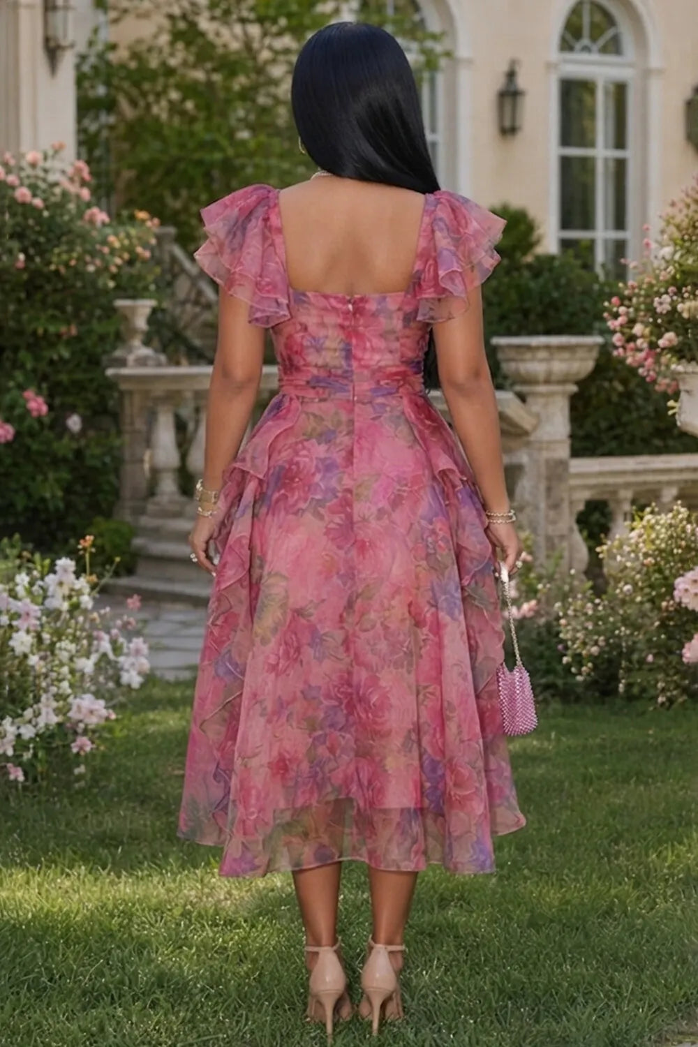 Square Neck Ruffle Sleeve Floral Cinch Waist Midi Dresses-Fuchsia