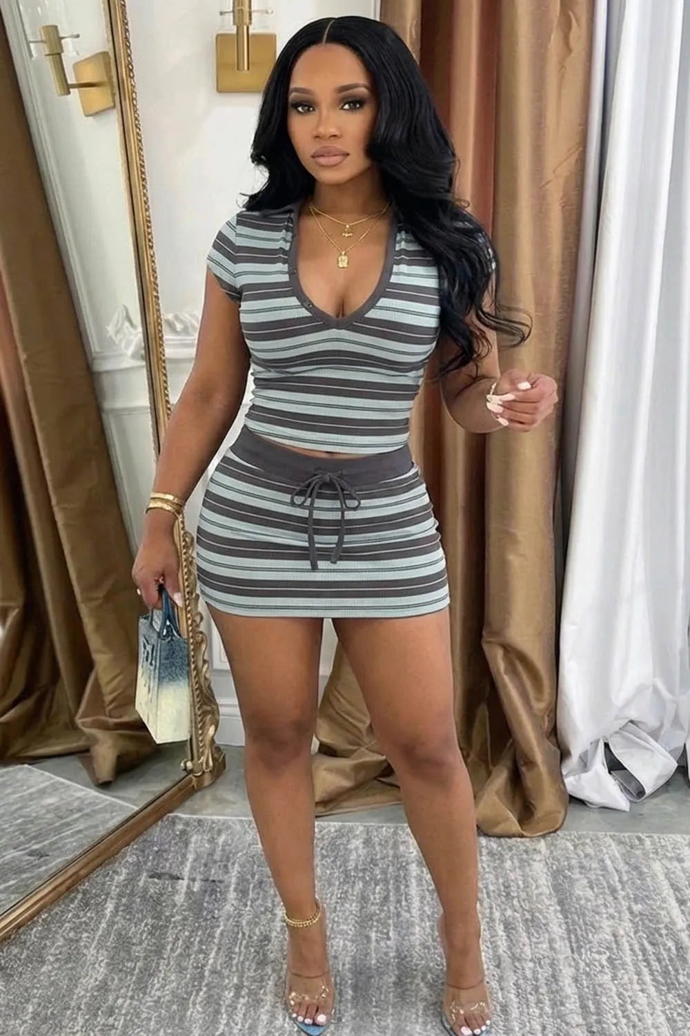 Striped V Neck Short Sleeve Top Mini Skirt Casual 2pcs Set-Gray