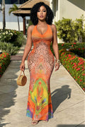 Halter Backless Animal Print Slim Vacation Maxi Dresses-Orange