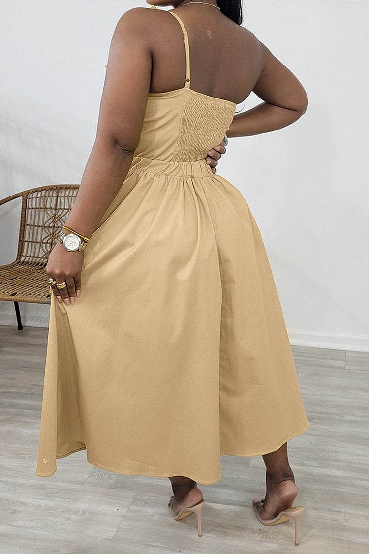 Irregular Design Ruched Cutout Sleeveless Midi Dresses-Green