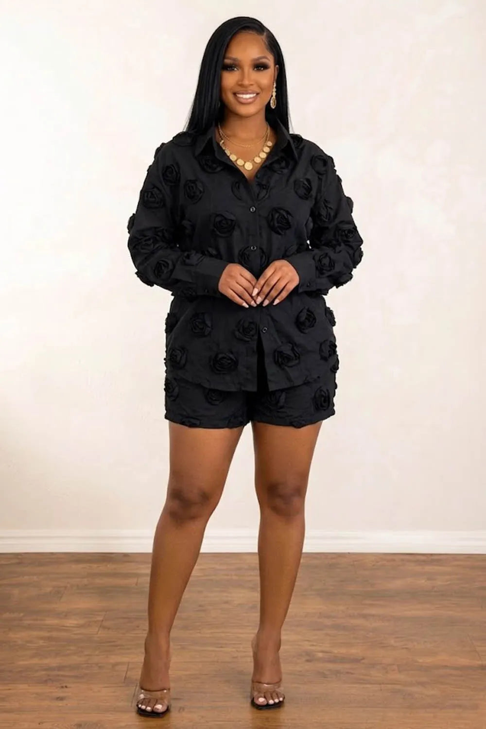 3D Rose Decor  Collar Long Sleeve Shirt Shorts Casual 2pcs Set-Black