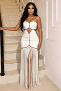 Strapless Cut Out Fringe Contrast Piping Gowns Maxi Dresses-White