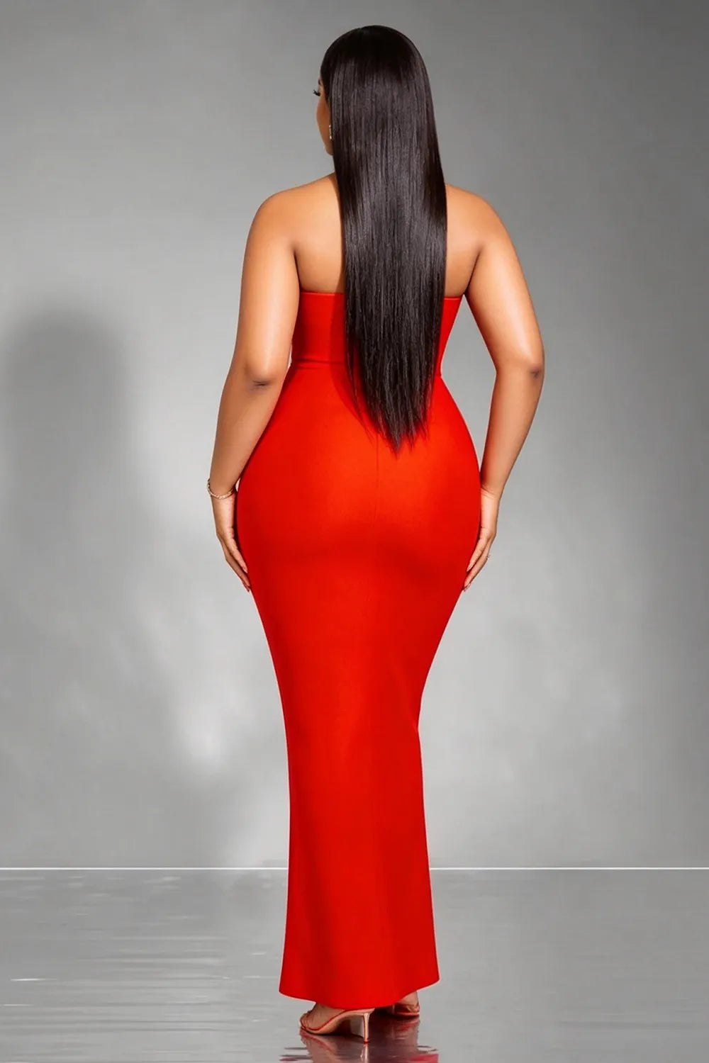 Strapless Hot Drilling Fringe Slim Fit Party Maxi Dresses-Red