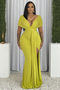 V Neck Knotted Ruched Slit Slim Fit Gowns Maxi Dresses-Green