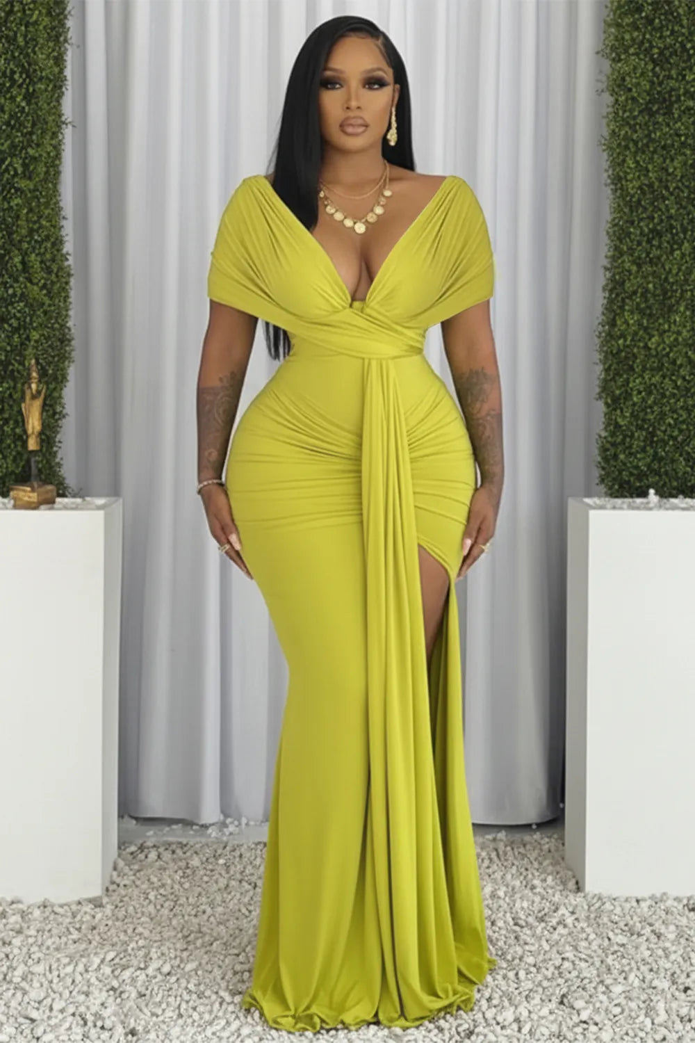 V Neck Knotted Ruched Slit Slim Fit Gowns Maxi Dresses-Green