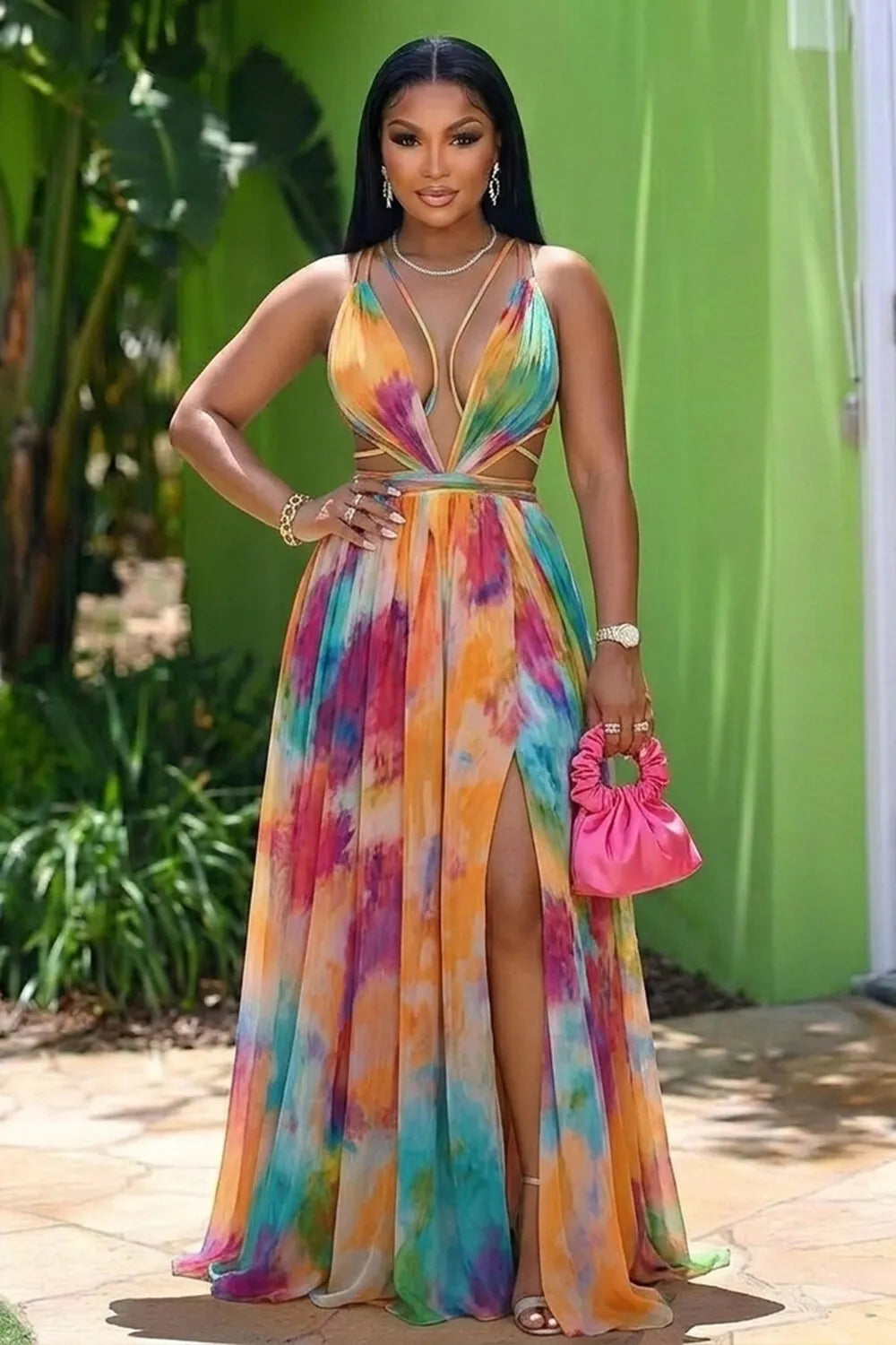Cami Neck Cut Out Tie Dye Slit Vacation Maxi Dresses