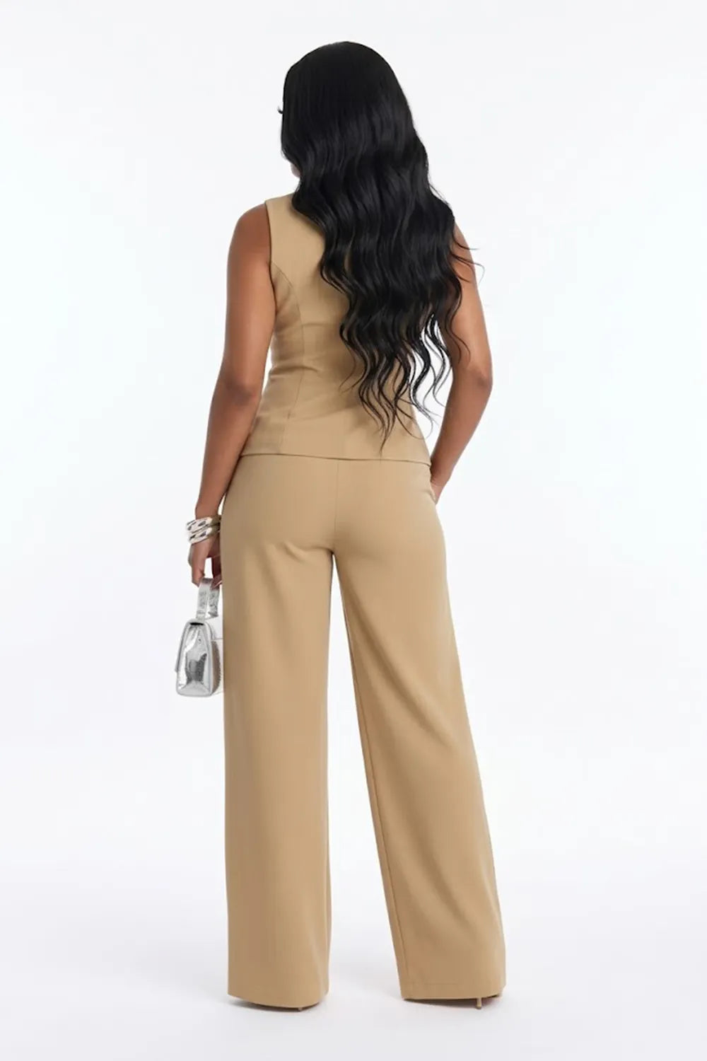 Plain V Neck Gold Button Vest High Waist Pants Business Casual 2pcs Set-White