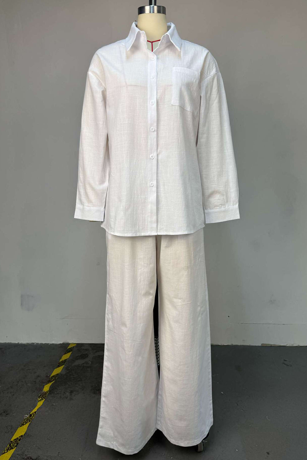 Patch Pocket  Collar Long Sleeve Shirt Wide Leg Pants 2pcs Set-White