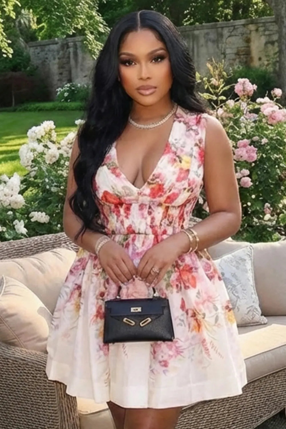 Deep V Neck Sleeveless Floral Vacation Mini Dresses