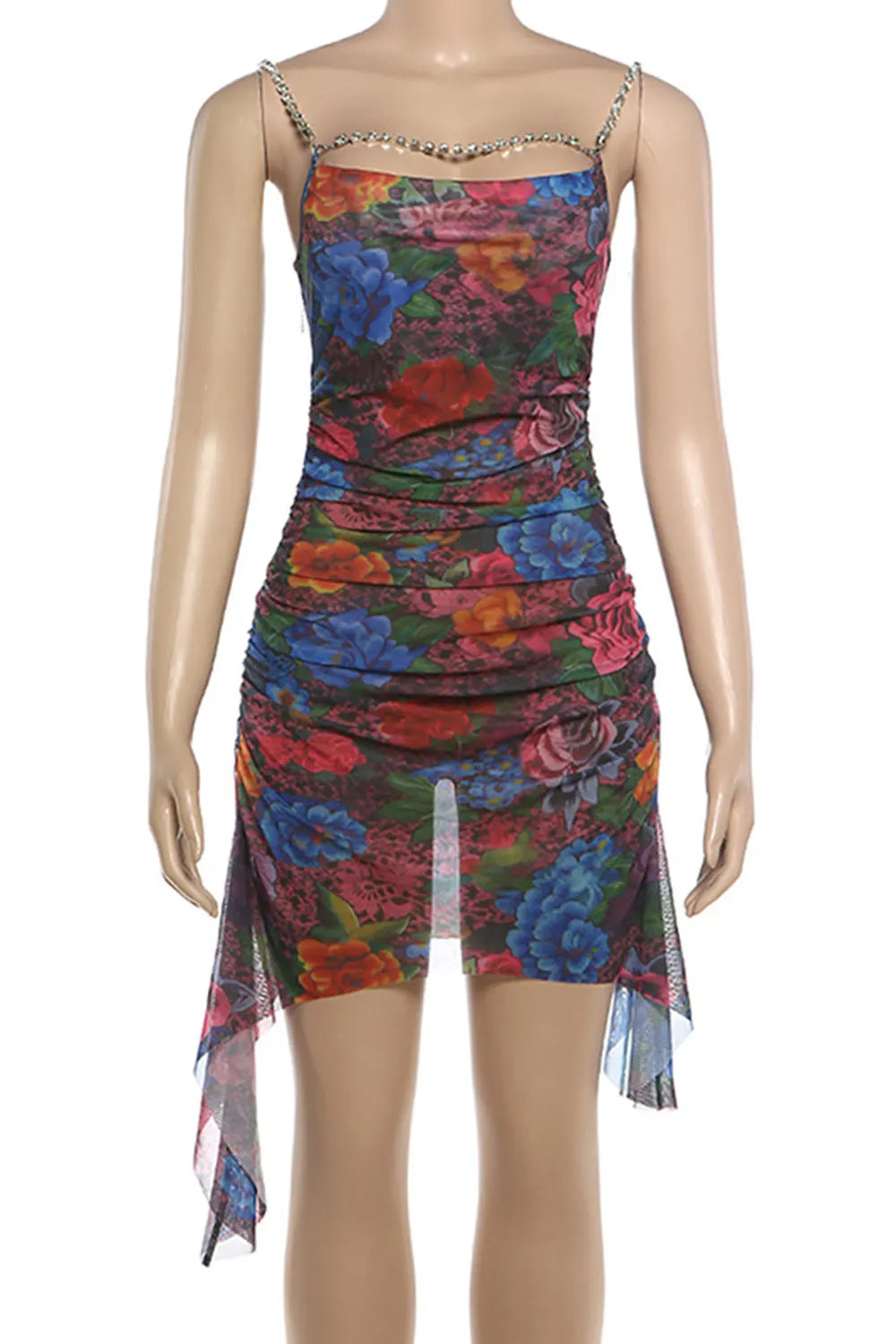 Chain Cami Neck Floral Ruched Sash Slim Fit Party Mini Dresses