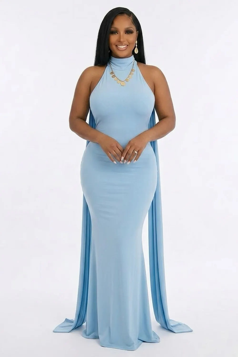 Mock Neck Long Streamer Slim Fit Mermaid Evening Gowns Maxi Dresses-Yellow
