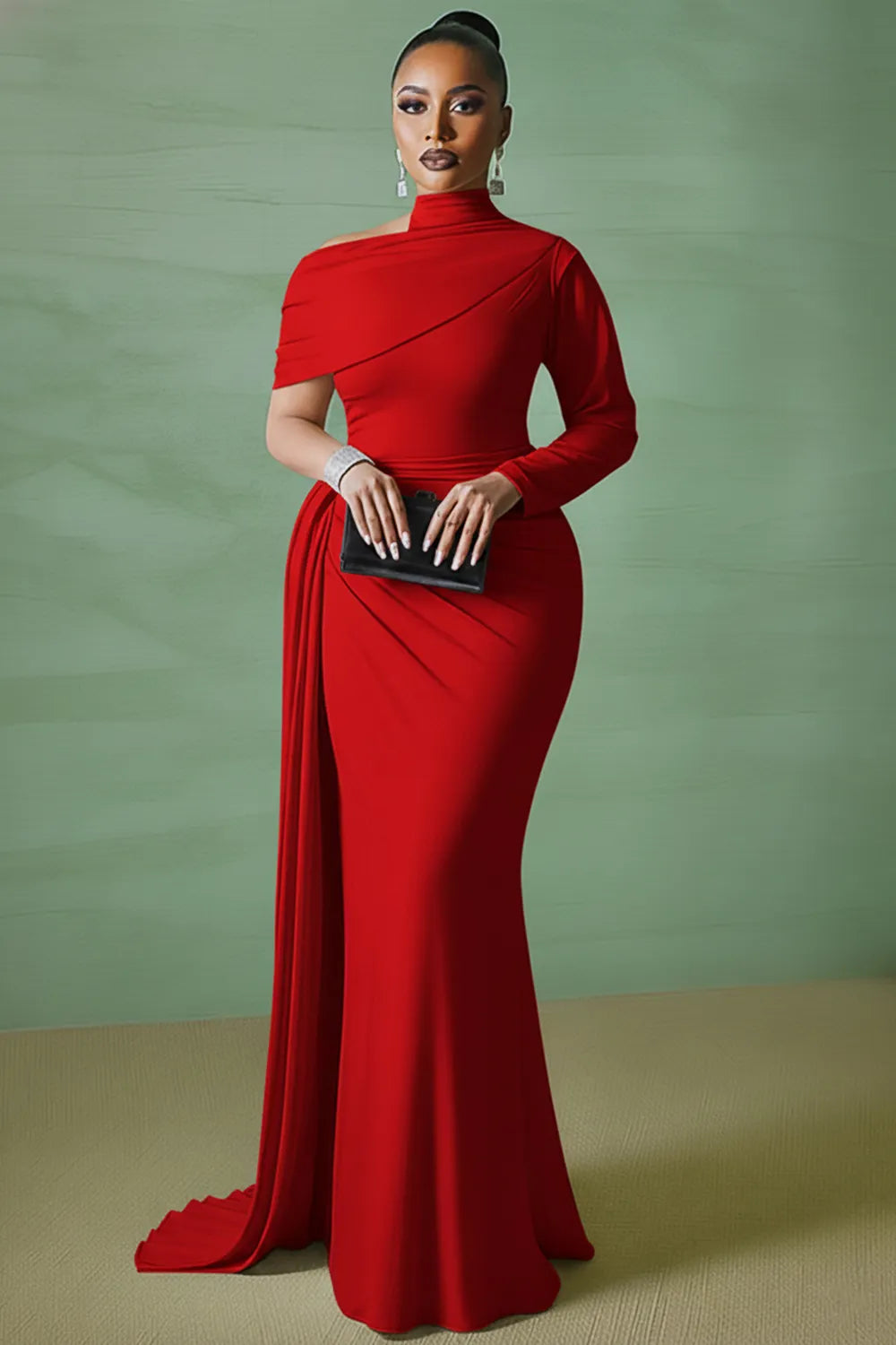 Asymmetric Mock Neck Long Sleeve Sash Party Maxi Dresses-White