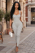 Polka Dot Print Wide Strap U Neck Backless Slim Fit Jumpsuit-White