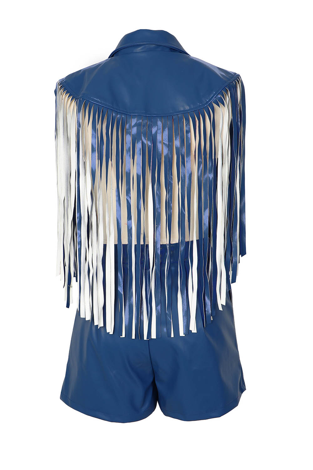 Notched Lapel Fringe Patchwork Vest Shorts Leather Party 2pcs Set-Black
