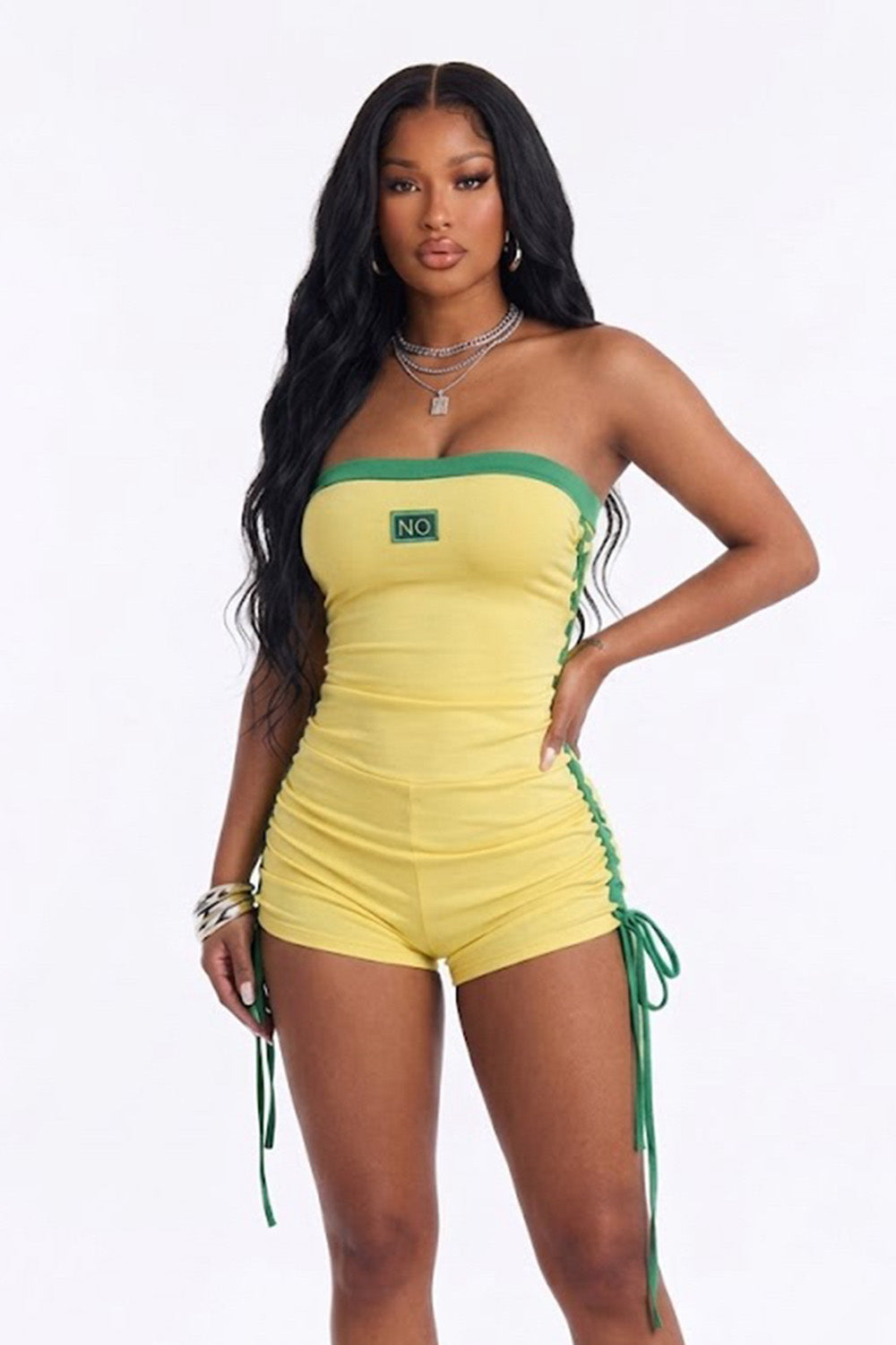 Strapless Contrast Piping Ruched Bodycon Casual Romper Playsuit-Yellow